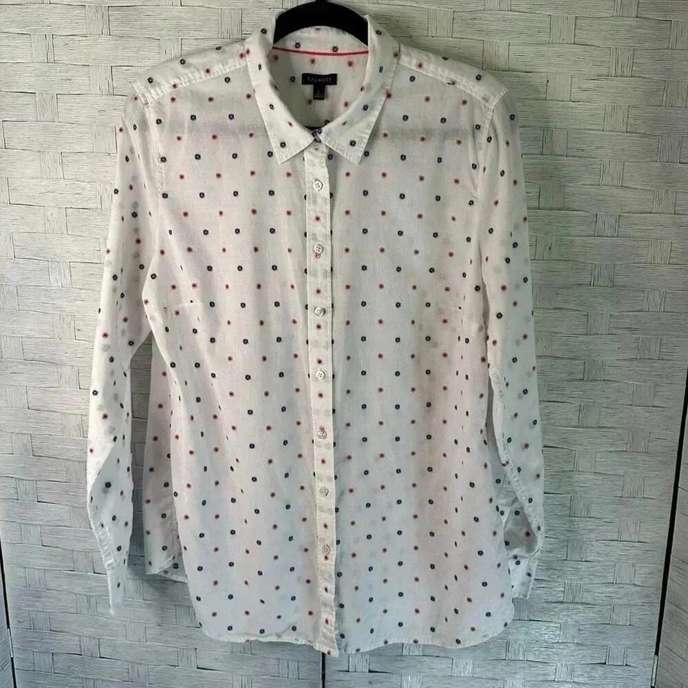 Talbots pink and blue polka-dotted button-down blouse preppy coastal‎ grandma